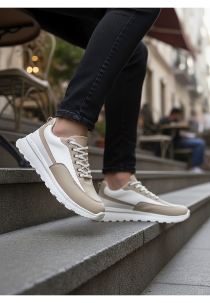 AHN0246 Krem Bağcıklı Yüksek Beyaz Taban Günlük Erkek Ayakkabı