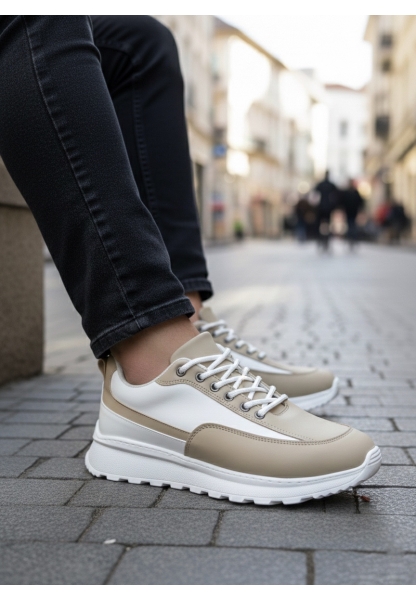 AHN0246 Krem Bağcıklı Yüksek Beyaz Taban Günlük Erkek Ayakkabı