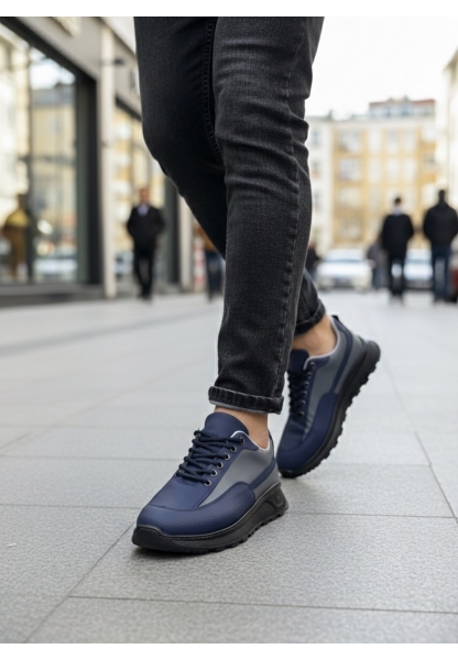 AHN0246 Lacivert Gri Parçalı Bağcıklı Yüksek Taban Günlük Erkek Ayakkabı