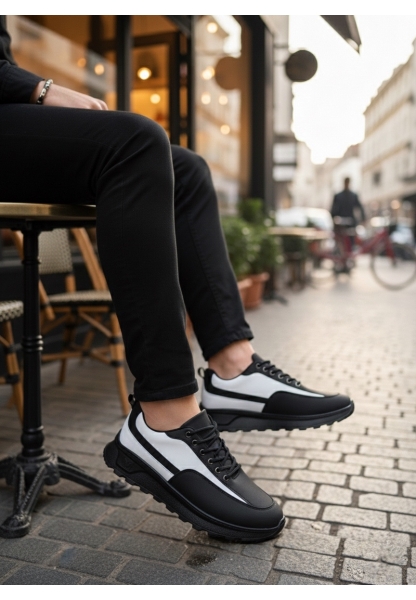 AHN0246 Siyah Beyaz Parçalı Bağcıklı Yüksek Taban Günlük Erkek Ayakkabı