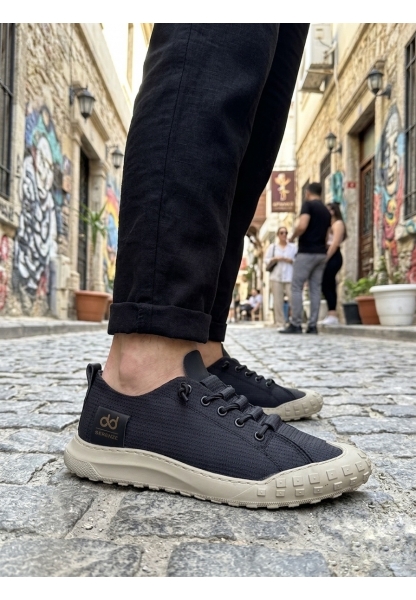 AHN0248 AHN Siyah Bej Taban Esnek Bağcıklı Ultra Hafif Nefes Alan Sneaker Ayakkabı
