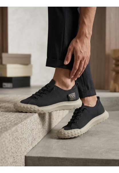 AHN0248 AHN Siyah Bej Taban Esnek Bağcıklı Ultra Hafif Nefes Alan Sneaker Ayakkabı