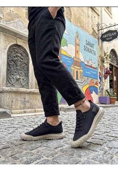 AHN0248 AHN Siyah Bej Taban Esnek Bağcıklı Ultra Hafif Nefes Alan Sneaker Ayakkabı