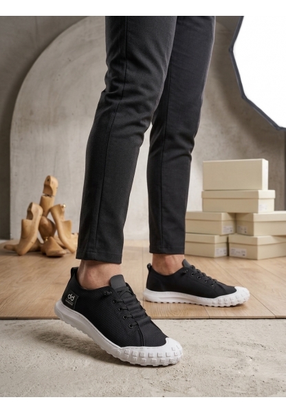 AHN0248 AHN Siyah Beyaz Taban Esnek Bağcıklı Ultra Hafif Nefes Alan Sneaker Ayakkabı