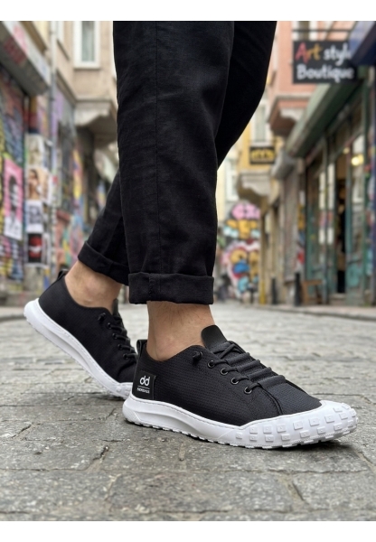 AHN0248 AHN Siyah Beyaz Taban Esnek Bağcıklı Ultra Hafif Nefes Alan Sneaker Ayakkabı