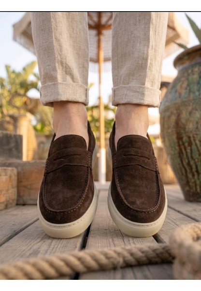 AHN0251 %100 İçi Dışı Hakiki Deri Erkek Kahverengi Süet Casual Loafer Kauçuk Rahat Taban Dikişli Ayakkabı