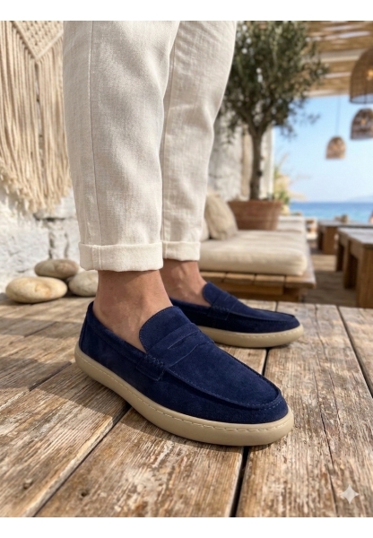 AHN0251 %100 İçi Dışı Hakiki Deri Erkek Lacivert Süet Casual Loafer Kauçuk Rahat Taban Dikişli Ayakkabı