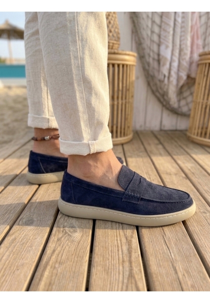 AHN0251 %100 İçi Dışı Hakiki Deri Erkek Lacivert Süet Casual Loafer Kauçuk Rahat Taban Dikişli Ayakkabı