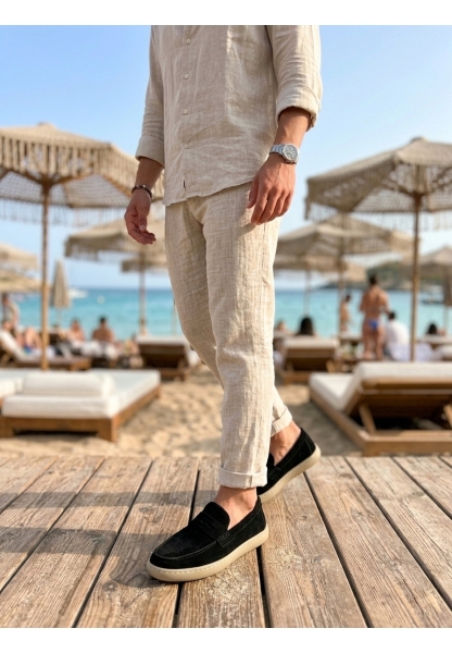 AHN0251 %100 İçi Dışı Hakiki Deri Erkek Siyah Süet Casual Loafer Kauçuk Rahat Taban Dikişli Ayakkabı