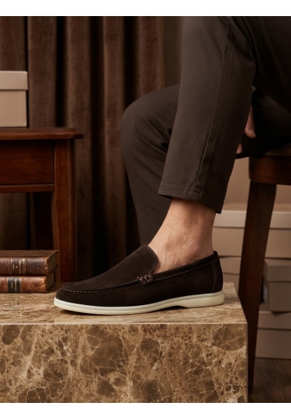 AHN0252 %100 İçi Dışı Hakiki Deri Erkek Kahverengi Süet Casual Loafer Termo Taban Ayakkabı