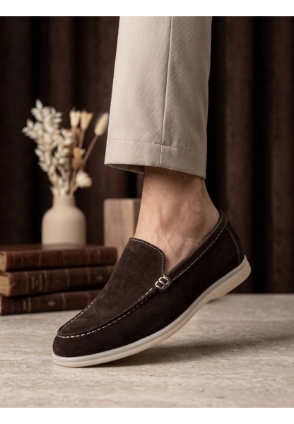 AHN0252 %100 İçi Dışı Hakiki Deri Erkek Kahverengi Süet Casual Loafer Termo Taban Ayakkabı