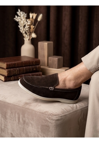 AHN0252 %100 İçi Dışı Hakiki Deri Erkek Kahverengi Süet Casual Loafer Termo Taban Ayakkabı