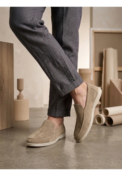 AHN0252 %100 İçi Dışı Hakiki Deri Erkek Krem Süet Casual Loafer Termo Taban Ayakkabı