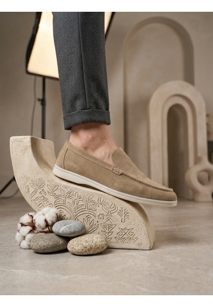 AHN0252 %100 İçi Dışı Hakiki Deri Erkek Krem Süet Casual Loafer Termo Taban Ayakkabı