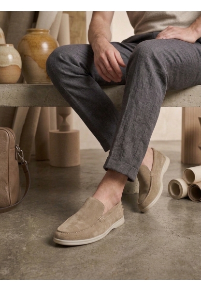 AHN0252 %100 İçi Dışı Hakiki Deri Erkek Krem Süet Casual Loafer Termo Taban Ayakkabı