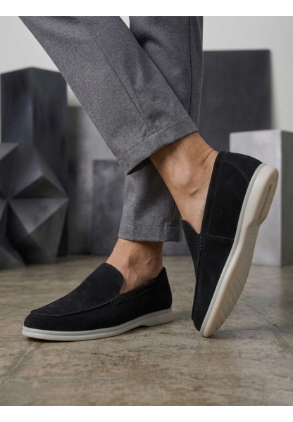 AHN0252 %100 İçi Dışı Hakiki Deri Erkek Siyah Süet Casual Loafer Termo Taban Ayakkabı