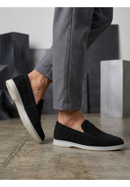 AHN0252 %100 İçi Dışı Hakiki Deri Erkek Siyah Süet Casual Loafer Termo Taban Ayakkabı
