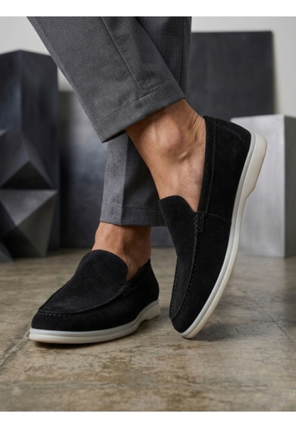 AHN0252 %100 İçi Dışı Hakiki Deri Erkek Siyah Süet Casual Loafer Termo Taban Ayakkabı
