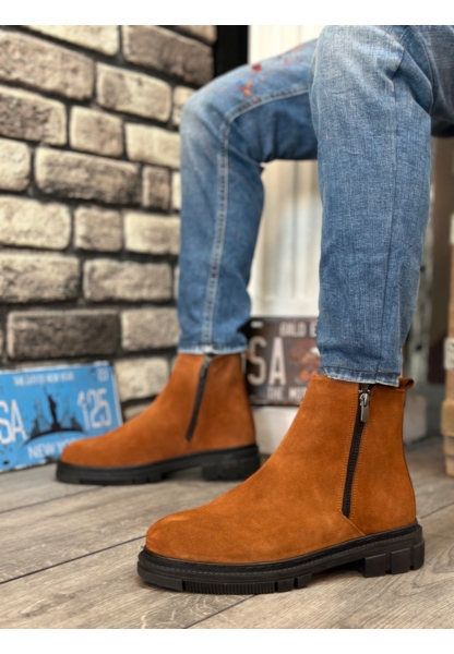 AHN0315 İçi Dışı Hakiki Deri Süet Taba Çift Fermuarlı Erkek Yarım Bilek Bot