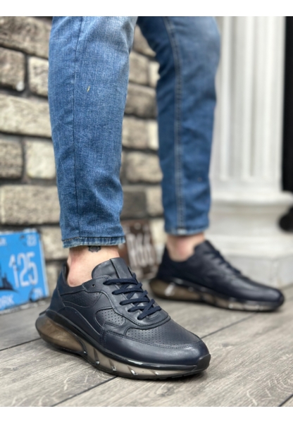 AHN0324 İçi Dışı Hakiki Deri Rahat Taban Lacivert Sneakers Casual Erkek Ayakkabı