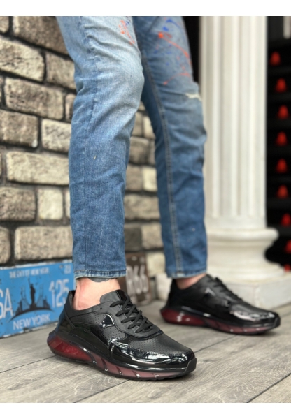 AHN0324 İçi Dışı Hakiki Deri Rahat Taban Siyah Kırmızı Sneakers Casual Erkek Ayakkabı