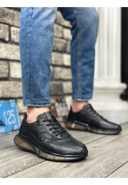 AHN0324 İçi Dışı Hakiki Deri Rahat Taban Siyah Sneakers Casual Erkek Ayakkabı