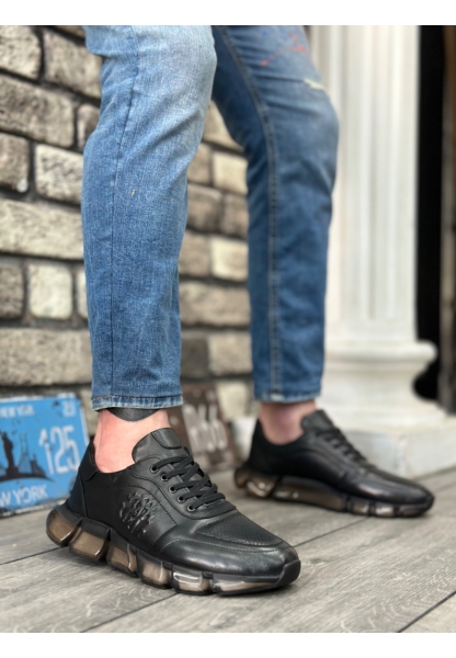 AHN0338 İçi Dışı Hakiki Deri Rahat Taban Siyah Sneakers Casual Erkek Ayakkabı
