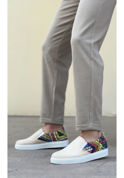 AHN0339 Bağcıksız Keten Krem Renkli Desenli Beyaz Taban Günlük Erkek Ayakkabı
