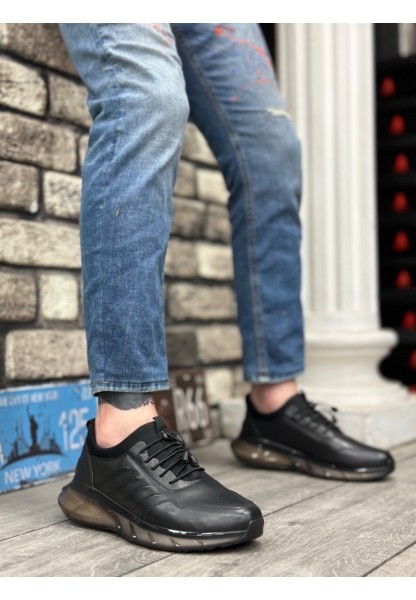 AHN0345 Hakiki Deri Rahat Taban Ayarlanabilir Lastik Bağcıklı Desenli Siyah Casual Erkek Ayakkabı
