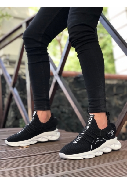 AHN0350 Yüksek Taban Tarz Sneakers Cırt Detaylı Siyah Beyaz Tabanlı Erkek Spor Ayakkabısı