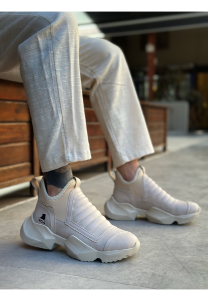 AHN0401 Bağcıksız Rahat Yüksek Taban Krem Erkek Spor Yarım Bilek Bot