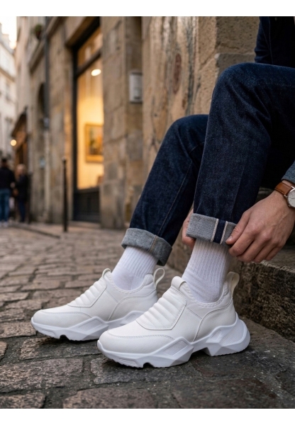 AHN0402 Bağcıksız Rahat Yüksek Taban Beyaz Erkek Spor Yarım Bilek Bot