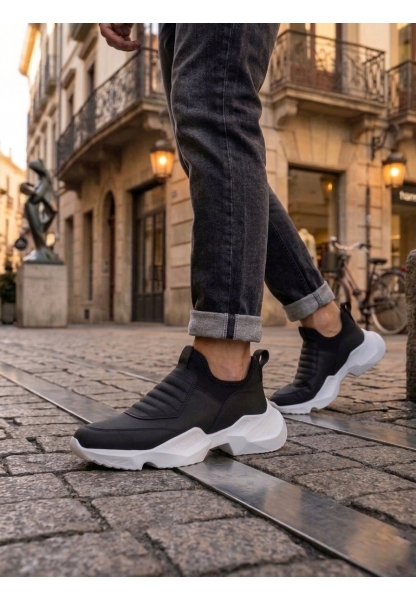 AHN0402 Bağcıksız Rahat Yüksek Taban Siyah Erkek Spor Yarım Bilek Bot