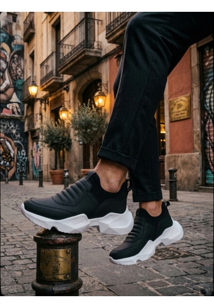 AHN0402 Bağcıksız Rahat Yüksek Taban Siyah Erkek Spor Yarım Bilek Bot