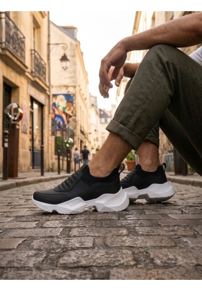 AHN0402 Bağcıksız Rahat Yüksek Taban Siyah Erkek Spor Yarım Bilek Bot