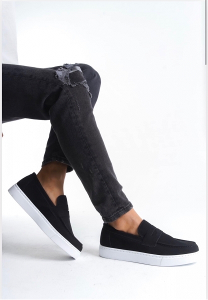 AHN0580 Bağcıksız Kuşaklı Yüksek Süet Siyah Beyaz Taban Erkek Ayakkabı