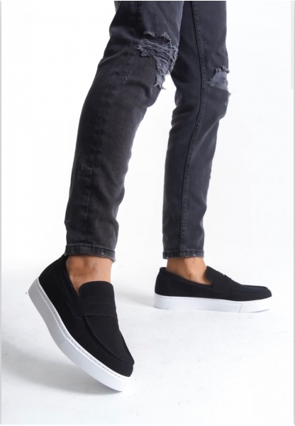 AHN0580 Bağcıksız Kuşaklı Yüksek Süet Siyah Beyaz Taban Erkek Ayakkabı