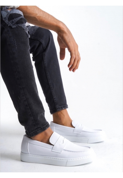 AHN0580 Bağcıksız Kuşaklı Yüksek Taban Beyaz Cilt Erkek Ayakkabı