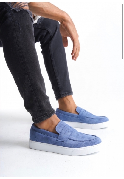 AHN0580 Bağcıksız Kuşaklı Yüksek Taban Mavi Süet Erkek Ayakkabı