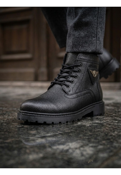 AHN0585 Erkek Siyah İçi Kürklü Fermuarlı Ve Bağcıklı Kışlık Bot