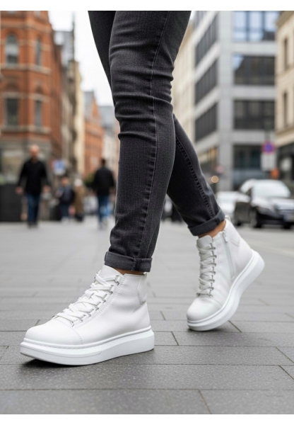 AHN0713 Bağcıklı Beyaz Yüksek Taban Erkek Tarz Spor Bot