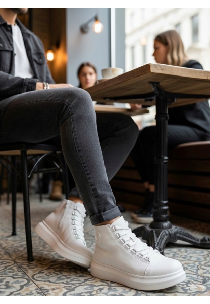 AHN0713 Bağcıklı Beyaz Yüksek Taban Erkek Tarz Spor Bot