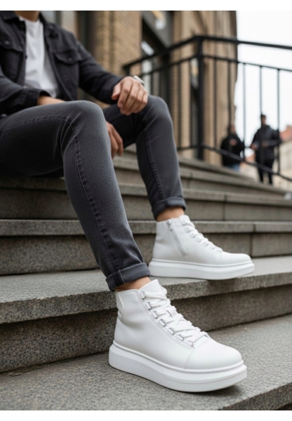 AHN0713 Bağcıklı Beyaz Yüksek Taban Erkek Tarz Spor Bot