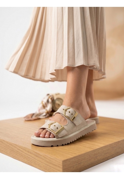 Yazlık Kadın Bej İnce Taban Tokalı Terlik