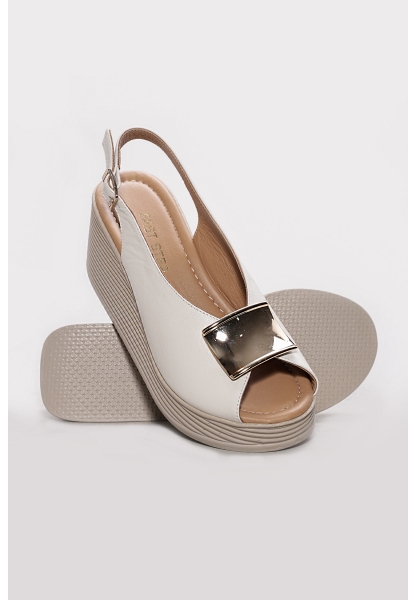 Ayakkabıhane Hakiki Deri Bej Kadın Dolgu Topuk Terlik AH07275ZA4012