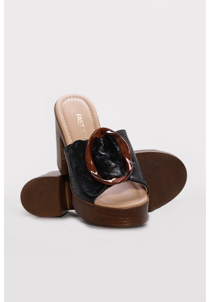 Ayakkabıhane Hakiki Deri Sıyah Cam Kırıgı Kadın Dolgu Topuk Terlik AH07275ZA2039