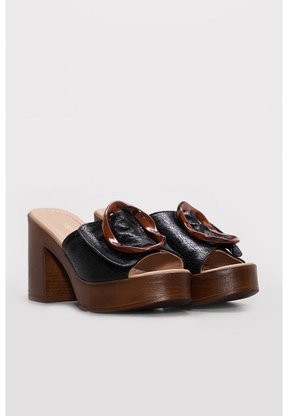 Ayakkabıhane Hakiki Deri Sıyah Cam Kırıgı Kadın Dolgu Topuk Terlik AH07275ZA2039