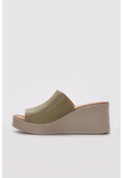 Ayakkabıhane İçi Dışı Hakiki Deri Haki Kadın Dolgu Topuklu Terlik AH082752614122