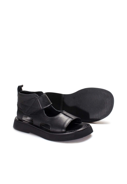 Ayakkabıhane İçi Dışı Hakiki Deri Siyah Kalın Taban Kadın Topuklu Sandalet AH0728126120755