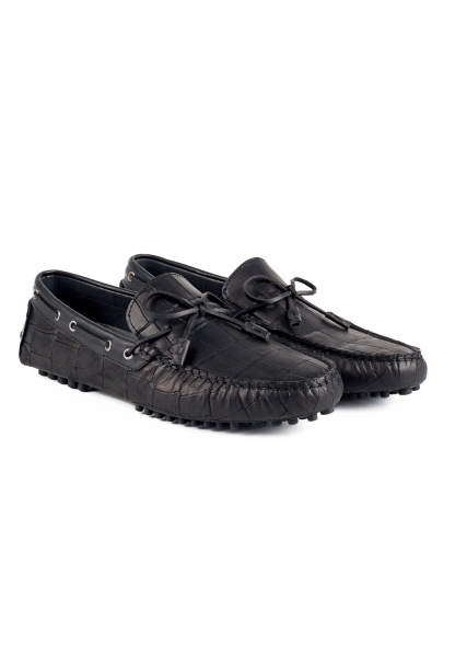 Ayakkabıhane İçi Dışı Hakiki Deri Bağcıklı Siyah Kroko Erkek Loafer Ayakkabı AHMSLF00101460AN